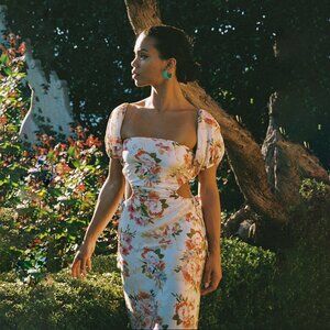 LaPorte Detachable Sleeve Linen Maxi Dress Peach Floral Size XS NEW NWT